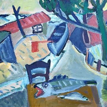 Manigk, Oskar „Fischerstrand mit Arbeitshütten, Booten und Fischen“, Acryl auf Pappe, 2022, 40×50 cm
