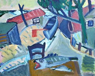 Manigk, Oskar „Fischerstrand mit Arbeitshütten, Booten und Fischen“, Acryl auf Pappe, 2022, 40×50 cm