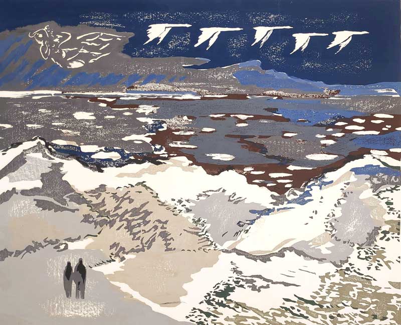 Kopetz, Vera „Liebespaar mit Schwänen“, 11-Farben Handsiebdruck, 1979, 56,5x70,5 cm