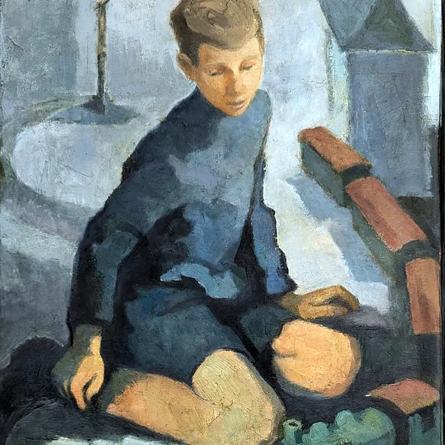 Kandt, Manfred „Junge mit Eisenbahn“, Öl, 1946, 59x49 cm