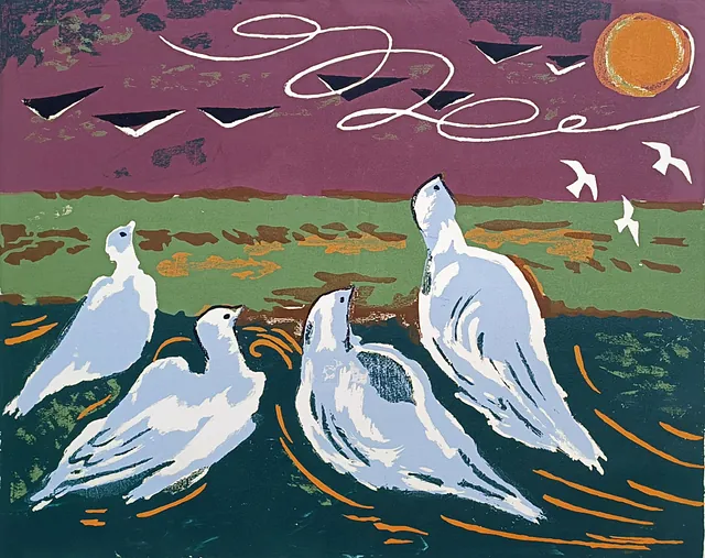 Kopetz, Vera - Tauben (Bomber), 7-Farben Handsiebdruck, 1978, 47x59,5 cm