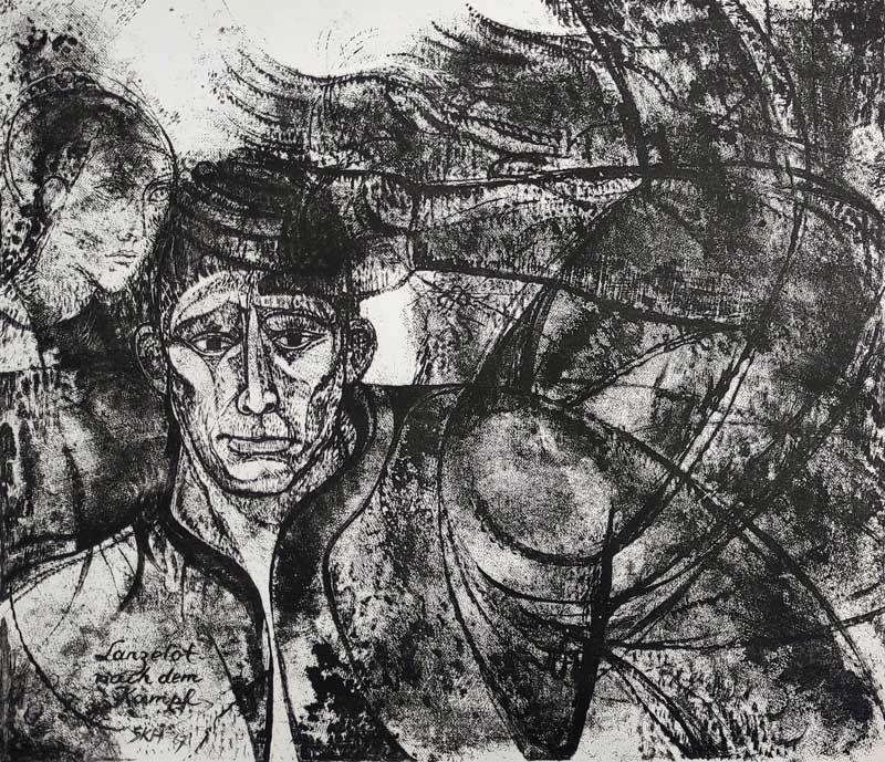 Kandt-Horn, Susanne „Lanzelot nach dem Kampf“, Lithografie, unten links signiert, datiert und betitelt, 1968, Maße: 52x60 cm (St.), WVZ-Nr. D 68/1
