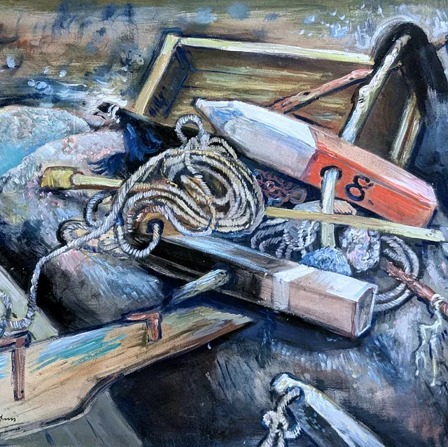 Kuhfuss, Paul "Stilleben mit Fischergeräten", Gouache, um 1940, 49,5x71,5 cm