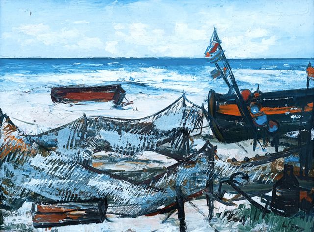Lietz, Heinrich „Am Fischerstrand“, Öl auf Malpappe, 1967, 30x40 cm