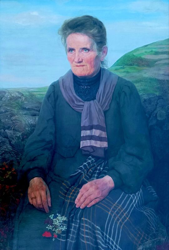 Wimmer, Gustav „Bildnis der Mutter vor hügeliger Landschaft“, Öl auf Leinwand, um 1910, 98x68 cm