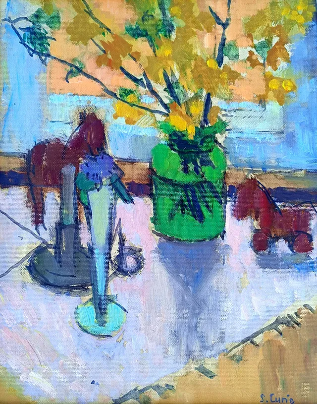 Curio, Sabine "Stilleben mit Spielzeug", Öl auf Leinwand, 1997, 29,5x23,5 cm 