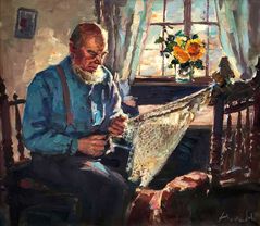 Haerendel, Harry "Interieur mit Fischer, ein Netz reparierend", Öl auf Leinwand, 70,5x80,5cm