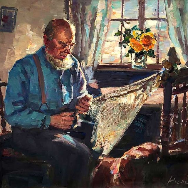 Haerendel, Harry "Interieur mit Fischer, ein Netz reparierend", Öl auf Leinwand, 70,5x80,5cm