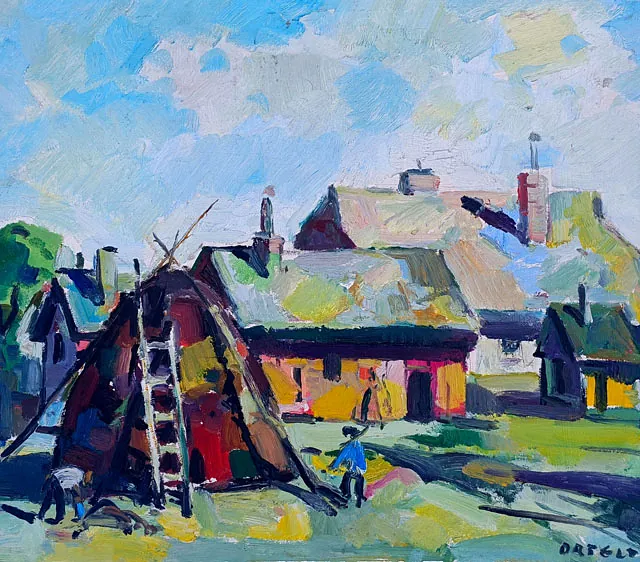 Ortelt, Karl „Häuser auf Hiddensee“, Öl auf Pappe, 1950, 52x71 cm