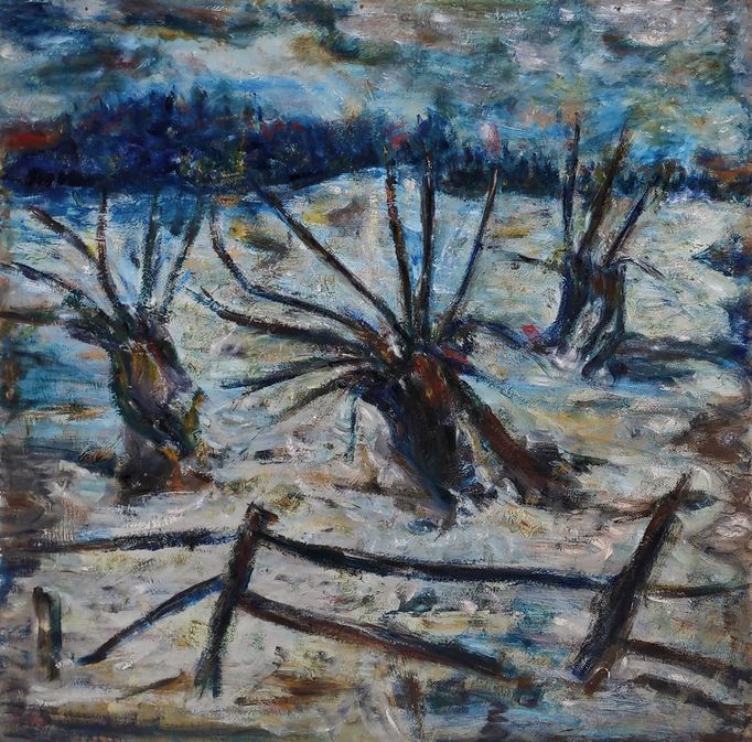 Schmiterlöw, Bertram von - Weiden im Winter, Öl auf Hartfaser, um 1980, Maße 80x80 cm