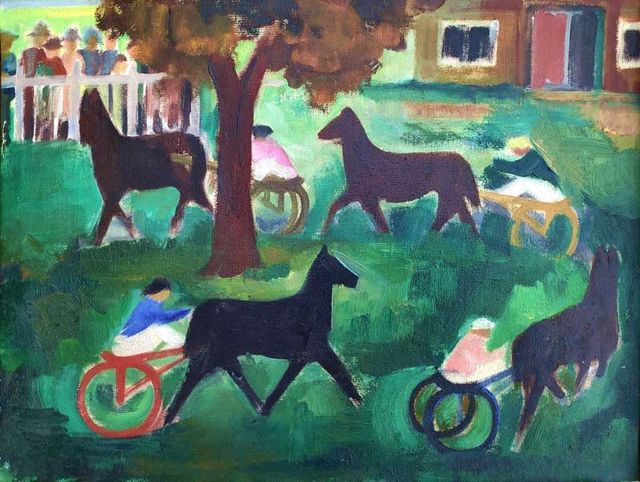 Köhler-Kliefert, Brigitte „Beim Trabrennen“, Öl auf Leinwand, um 1955, 35,5x47 cm
