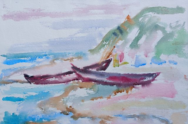Duda, Fritz „Fischerboote am Streckelsberg bei Koserow“, Aquarell, um 1948, 41,2x58,5 cm