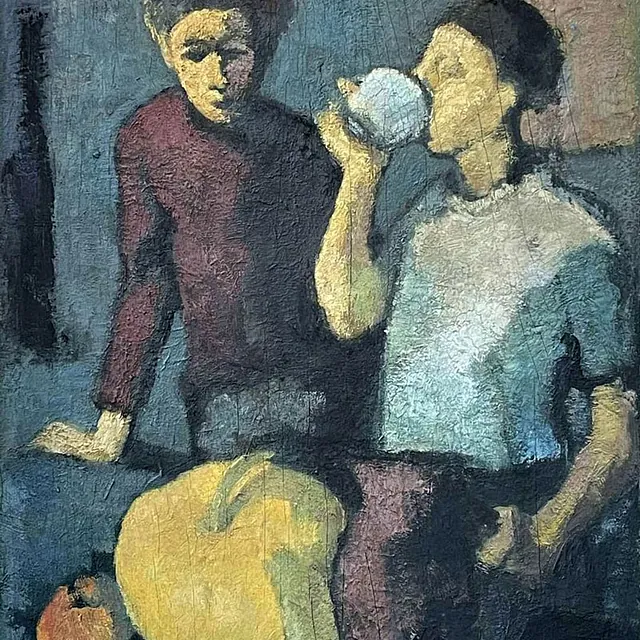 Kandt, Manfred „Zwei Jungen mit Kürbis“, Öl auf Pappe, um 1945, 49x35cm