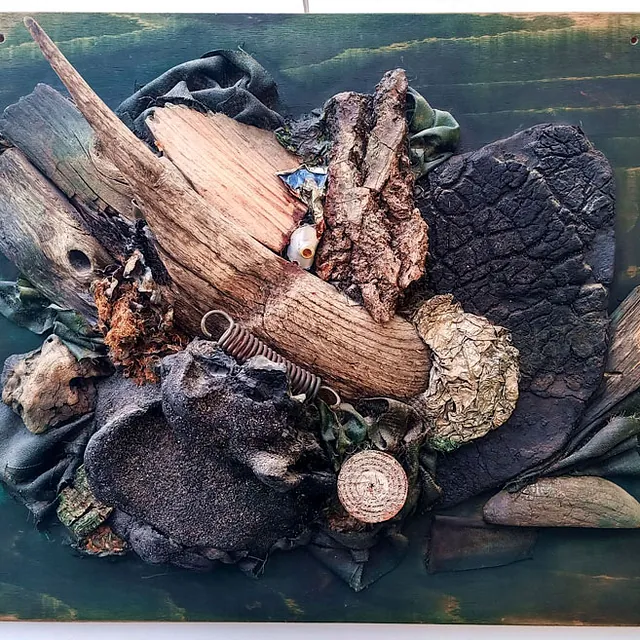 Holz, Dieter „Große Komposition mit Stahlfeder“, Materialcollage um 1980, 40x49 cm