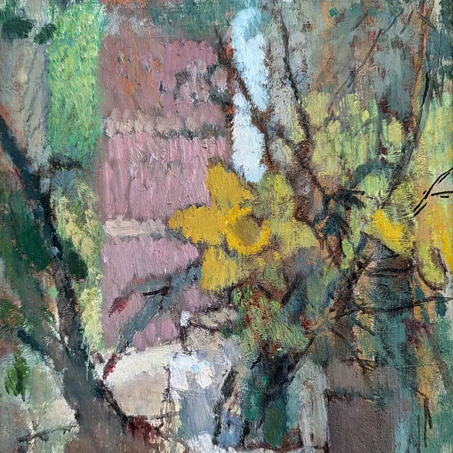 Curio, Sabine "Blumenstilleben mit Osterglocken", Öl, 1984, 35,5x26,8 cm