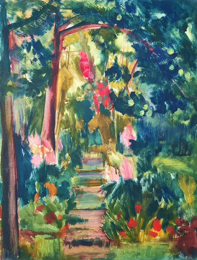 Brigitte Köhler-Kliefert „Im Garten“, Öl auf Sperrholz, 1960, 47x36,7 cm