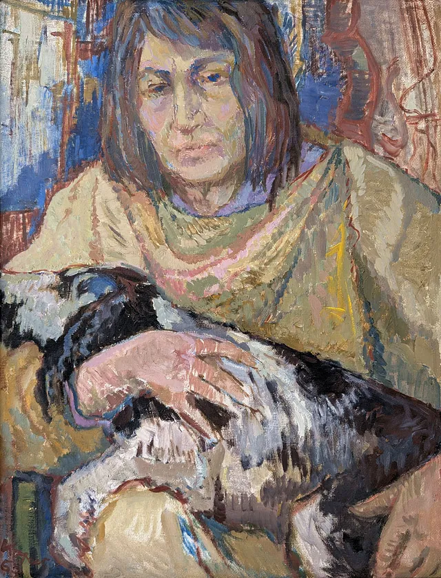 Vera Kopetz (1910 St. Petersburg – 1998 Ückeritz Usedom) Selbst mit Hund, Öl auf Pappe, 1967, 66x50 cm
