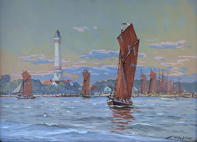 Stöwer, Willy "Auslaufende Fischer, Osternothafen", Gouache, 1927, Maße 29x39 cm 