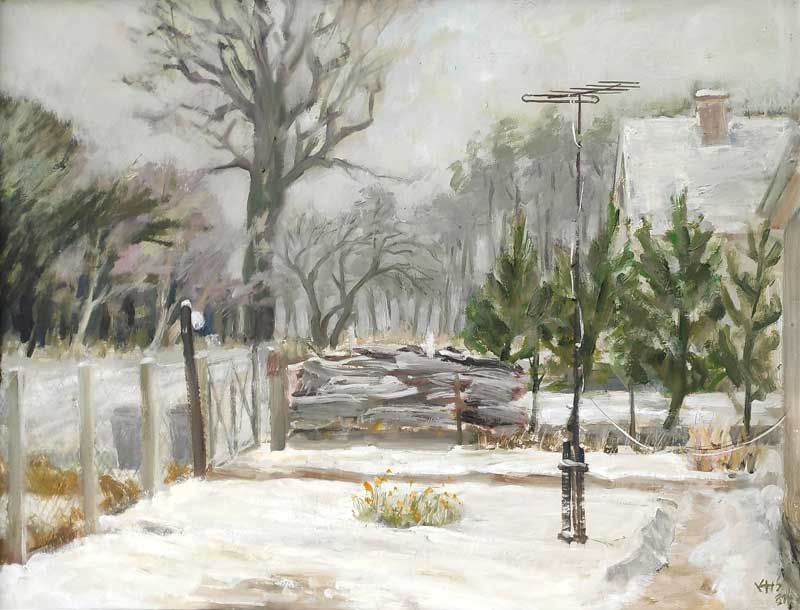 Sieger, Kurt Heinz „Blick aus dem Zempiner Atelier auf die Hexenheide“, Öl auf Holz, unten rechts signiert und datiert, 1981, 46x60 cm