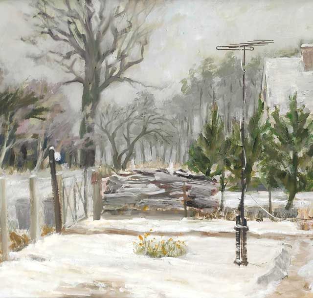 Sieger, Kurt Heinz „Blick aus dem Zempiner Atelier auf die Hexenheide“, Öl auf Holz, unten rechts signiert und datiert, 1981, 46x60 cm