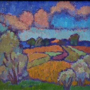 Schacht, Karen (1900 Niederlößnitz – 1988 Kassel) „Achterwasserlandschaft bei Ückeritz mit Wolken, Feldern und Bäumen", Öl auf Leinwand, um 1938, Maße: 33×37 cm