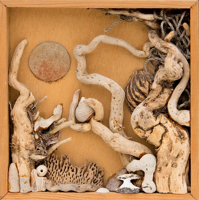 Holz, Dieter - Kleine Vollmondnacht mit Baum, Materialcollage, um 1980, 15,5x15,5 cm