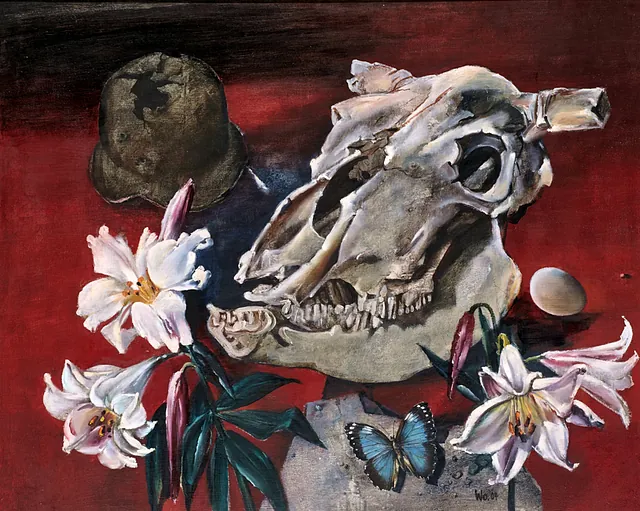 Walter Womacka - Schädel, Helm und Lilien, Öl 2004