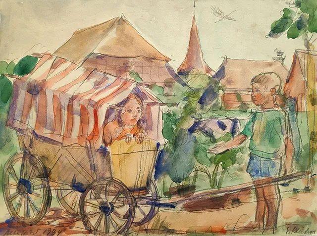 Erich Kliefert „Die Kliefertschen Kinder in Altefähr auf Rügen“, Aquarell Grafit, 1934, 26,8x36,1 cm