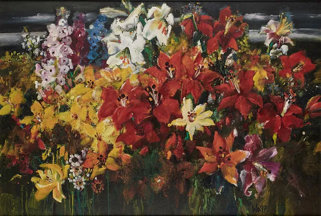 Walter Womacka - Blumenstrauß mit Birnen, Öl 1996