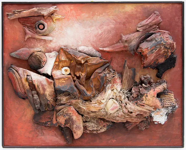 Große Komposition mit Tischtennisball, Materialcollage, um 1980, Maße40,5x50,5 cm