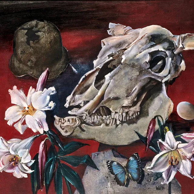 Womacka, Walter„Schädel, Helm und Lilien“, Öl, 2004, 80x100 cm
