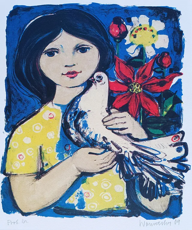 Womacka, Walter "Mädchen mit Taube" Serigrafie, 2009, Maße 39,5x34 cm 