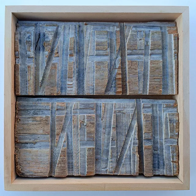 Holz, Dieter „Zeichen“, Materialcollage, um 2000, 20x20 cm