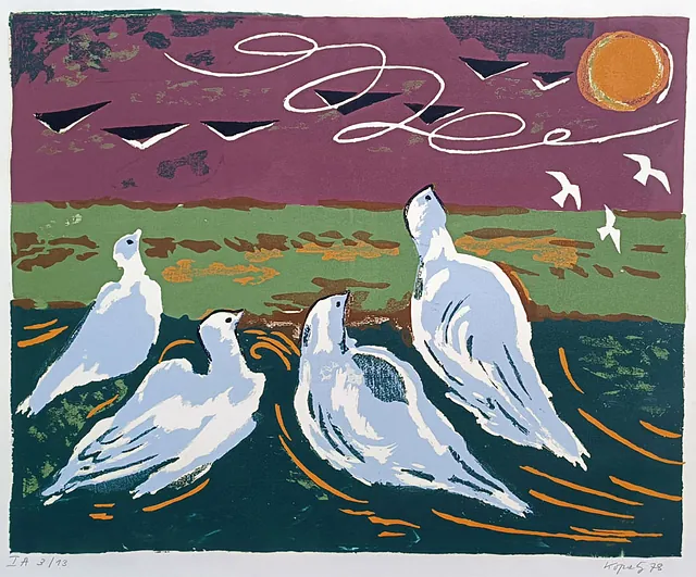 Vera Kopetz (1910 St. Petersburg – 1998 Ückeritz) Tauben, Handsiebdruck, 1978, 47x59,5 cm