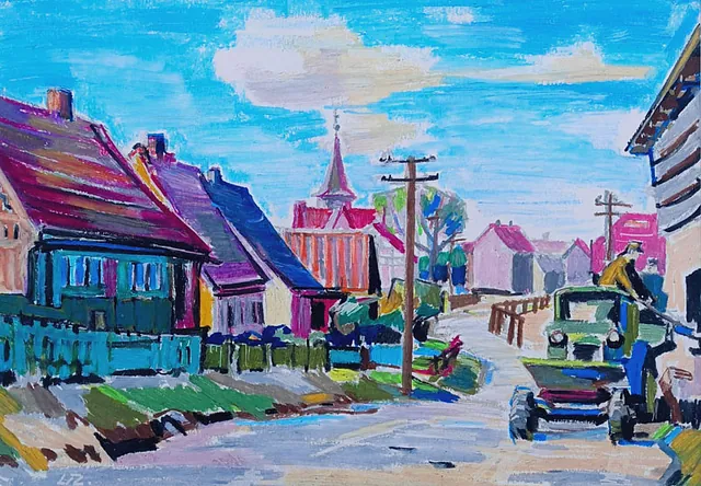 Zschunke, Walter „Dorfstrasse auf Rügen“, Farbkreide, 24x34 cm