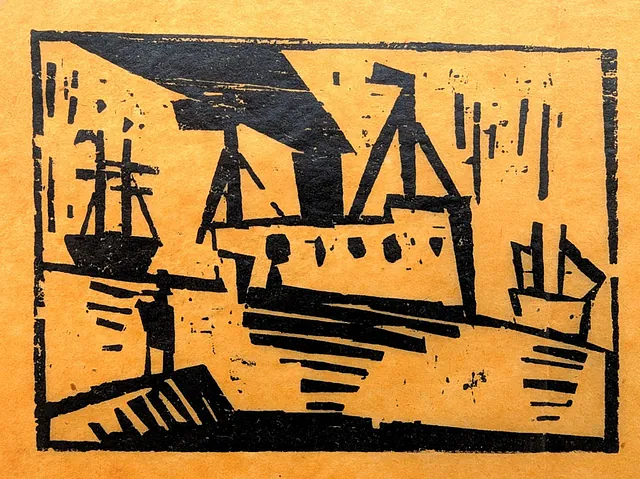 Lyonel Feininger - Schiffe mit Mann auf einer Mole, Holzschnitt 8 x 11 cm 1920