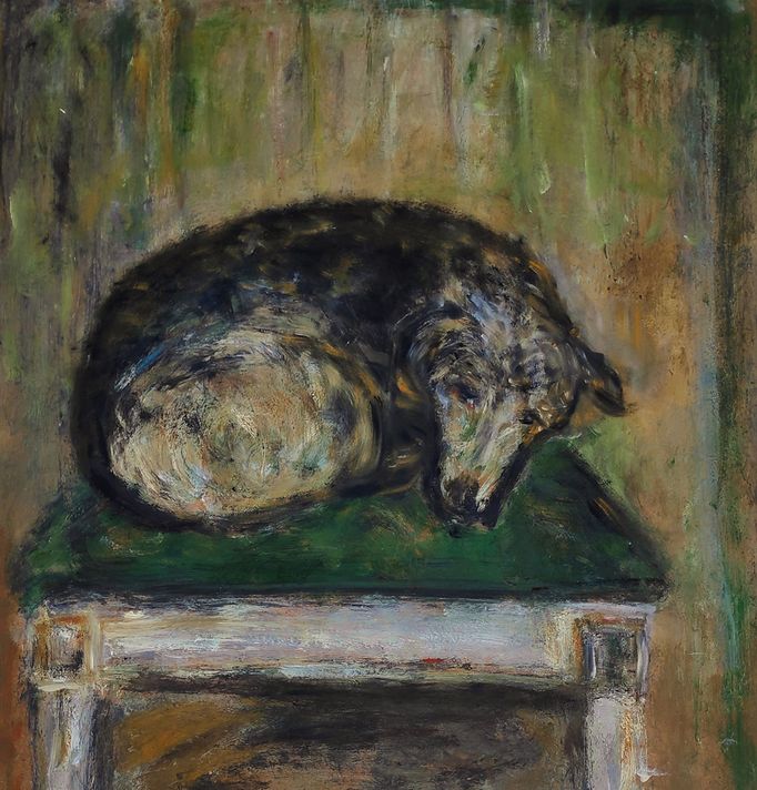 Schmiterlöw, Bertram von - Hund auf Stuhl, Öl auf Hartfaser, um 1978, Maße 64x61 cm