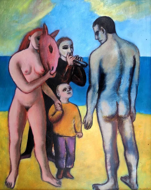 Monika Scholz (1941 Leipzig) Begegnung am Strand, Öl (1976)1988, 59x47,5 cm