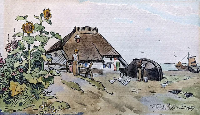 Scheele, Hugo - Fischer beim Kalfatern, Aquarell-Federzeichnung, 1957, 20x31,6 cm