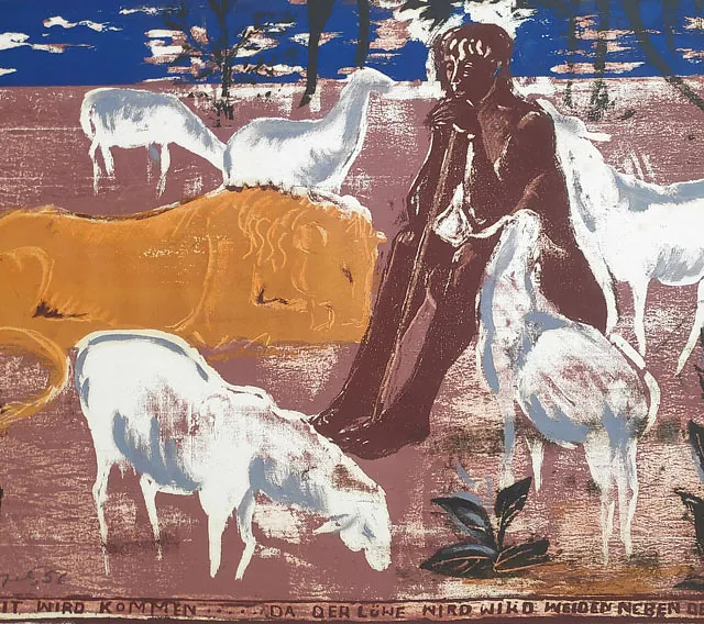 Kopetz, Vera „Die Zeit wird kommen“, 6-Farben-Handsiebdruck, 1956, 38x49,5 cm