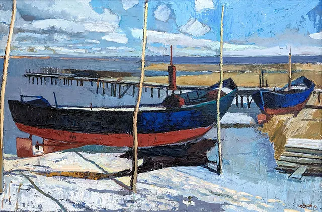 Volker Köpp (1953 Usedom - 2026 Ahlbeck) Boote am Stettiner Haff, Öl auf Leinwand, 2010, 80x120 cm