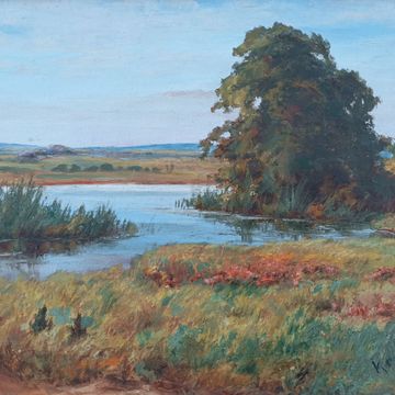Kruse-Lietzenburg, Oskar „Seeufer vor weiter Landschaft“, Öl auf Malpappe, 1903, 30x40 cm
