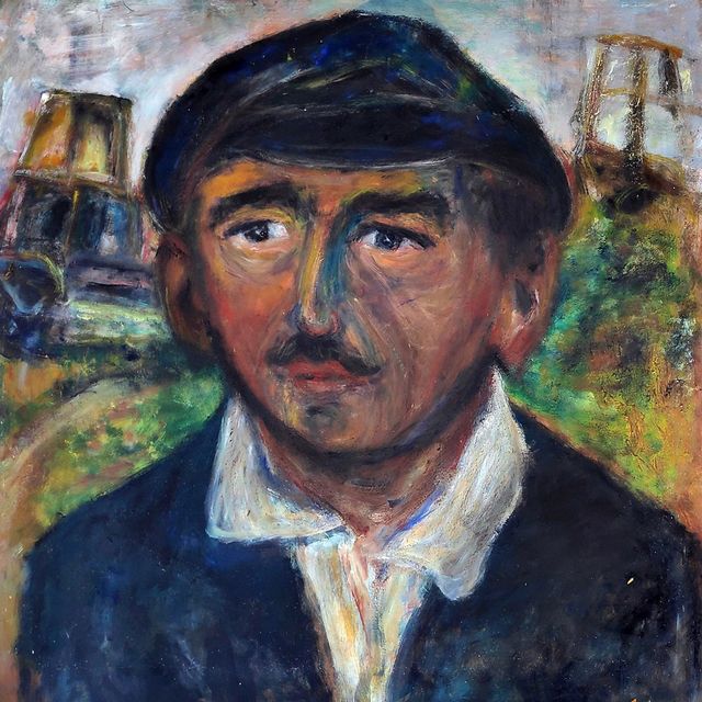 Schmiterlöw, Bertram von -LPG-Bauer, Öl auf Hartfaser, um 1980, Maße 64x61 cm