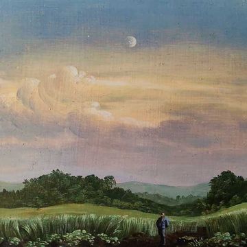 Tübke, Angelika „Abendbild mit Bauer“, Öl auf Hartfaser, 1986, 18x24,5 cm