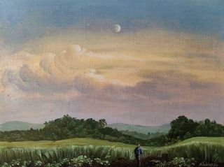 Tübke, Angelika „Abendbild mit Bauer“, Öl auf Hartfaser, 1986, 18x24,5 cm