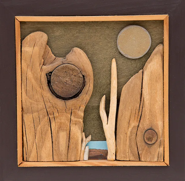 Holz, Dieter - Landschaft mit hellblauem Wasser, Materialcollage, 1989, 13x13 cm
