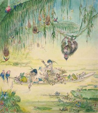 Goßmann, Gerhard „Am Amazonas I (Faultier)“, aquarellierte Federzeichnung, 1944, 27,8x24,2 cm
