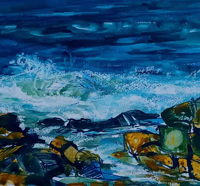Olsen, Ellena „Dicke Welle“, Mischtechnik auf Karton, 2019, 24x32cm