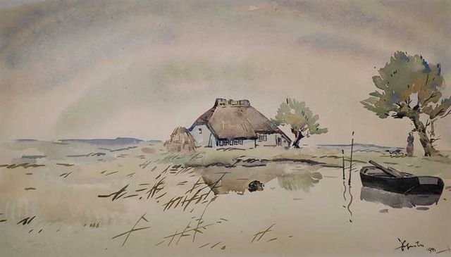 Scheele, Hugo „Alter Katen am Bodden“, Aquarell, 1941, 27,2x46,6 cm