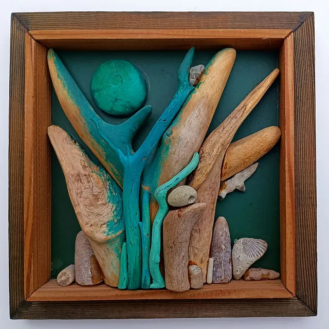 Holz, Dieter „Baum mit grüner Sonne“, Materialcollage, um 1980, 17x17 cm